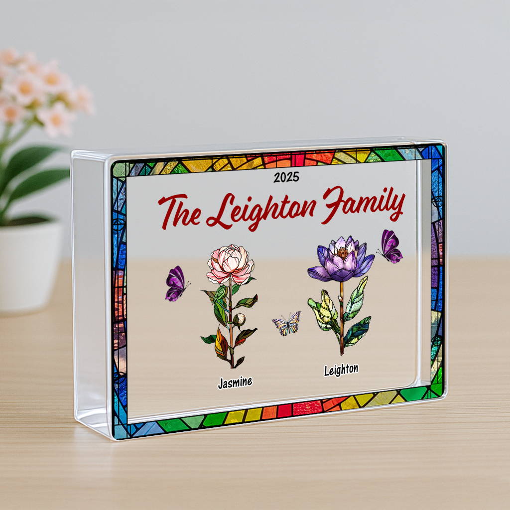 Birth Month Flower  - Custom Couple Name Acrylic Block - Custom Acrylic Block Plaque