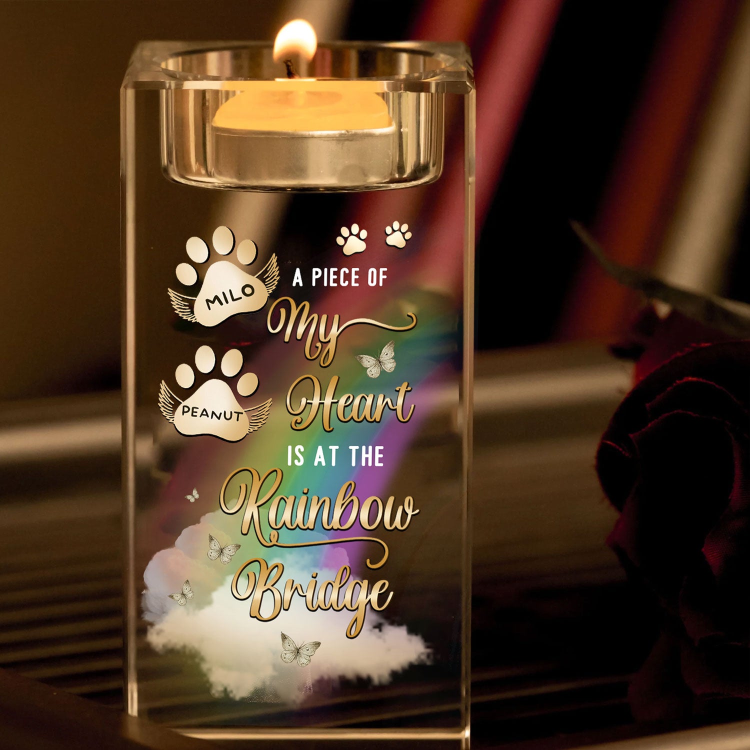 Rainbow Bridge - Custom Pet Name - Personalized Crystal Candle Holder - Pet Memorial Gift