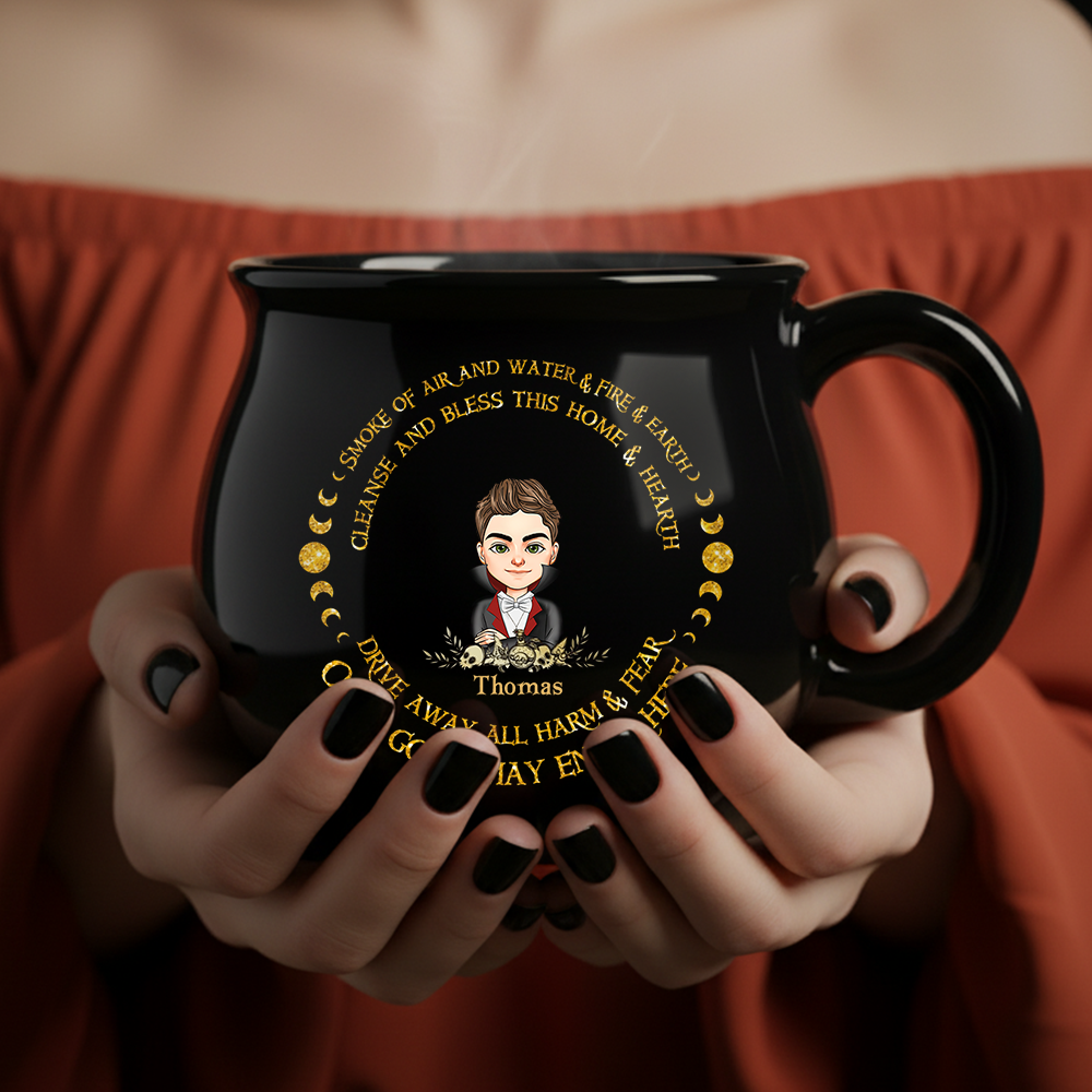 Custom Name and Appearance Halloween Witchy - Personalized Ceramic Cauldron Coffee Mug - Halloween Gift