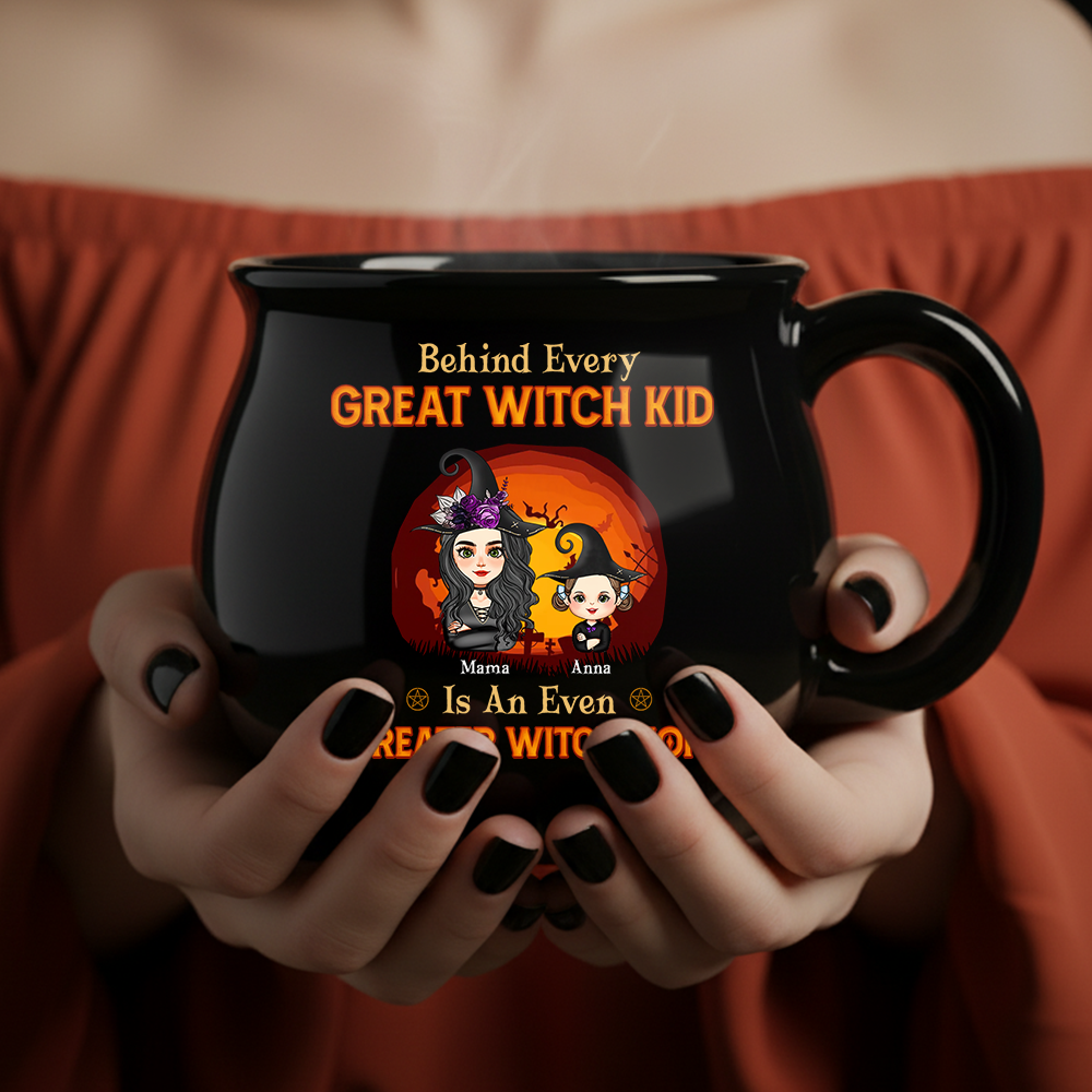 Witch Mom and Kids - Custom Name and Appearance - Personalized Ceramic Cauldron Coffee Mug - Halloween Gift for Mom