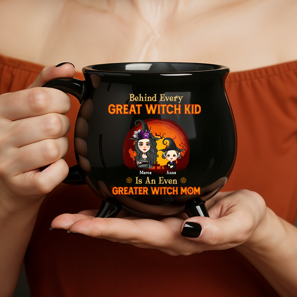 Witch Mom and Kids - Custom Name and Appearance - Personalized Ceramic Cauldron Coffee Mug - Halloween Gift for Mom
