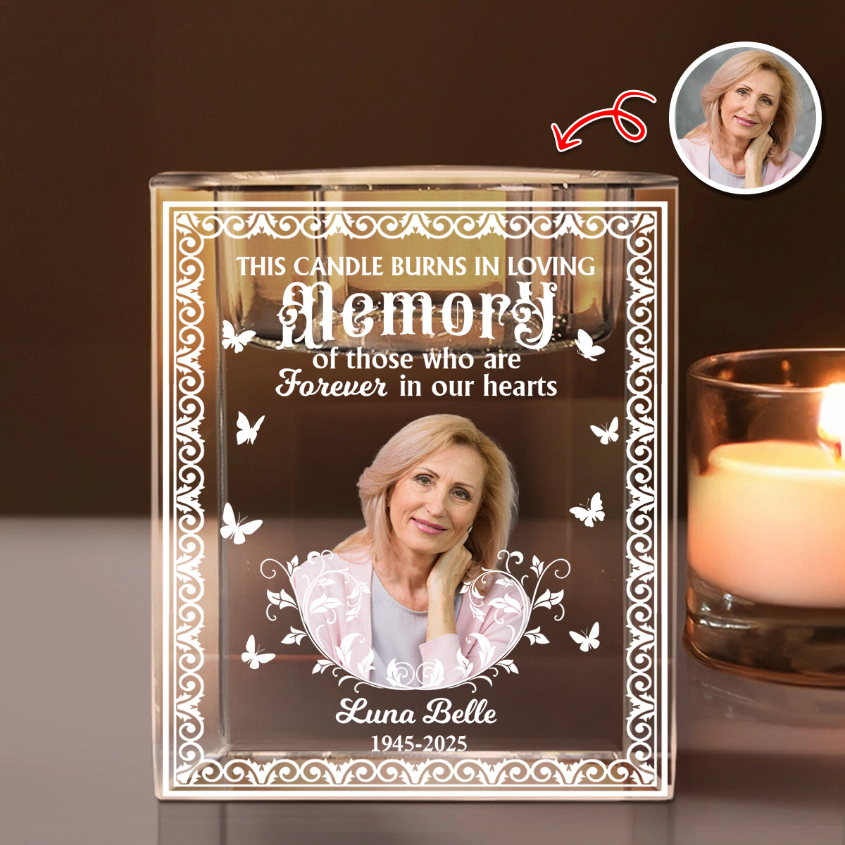 Custom Name and Photo - Personalized Crystal Candle Holder - Memorial Gift