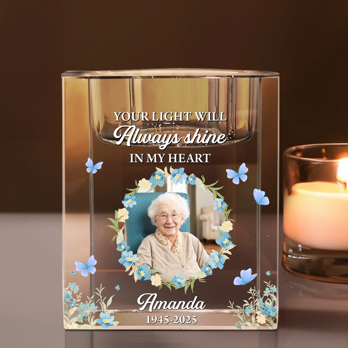 Your Light Will Always Shine - Personalized Crystal Candle Holder - Sympathy Gift